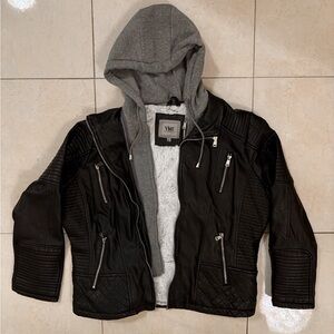 YMI Women’s Leather Biker Black Jacket with Gray Hood